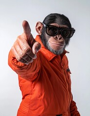 Wall Mural - a chimpanzee in an orange jacket and sunglasses points forward with a confident expression.