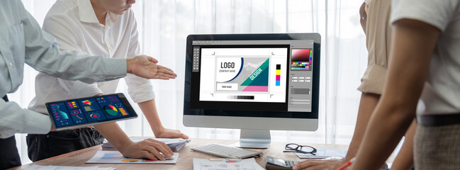 Poster - Graphic designer software for modern design of web page and commercial brisk ads showing on the computer screen