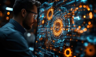 Man intently studies glowing digital data screen