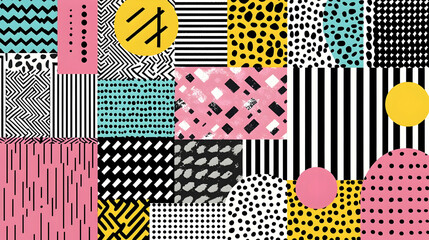 Wall Mural - Abstract geometric pattern collage; vibrant colors, shapes, and textures; modern design for website background
