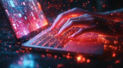 Glowing fingers type on laptop screen data
