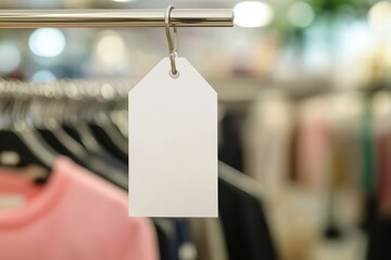 Wall Mural - Blank white tag hanging in a clothing store with a blurred background of clothes on hangers