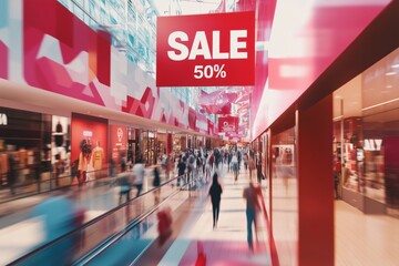 Wall Mural - Crowded shopping center with SALE and 50% banners, consumer rush, holiday shopping season, retail promotions, sale signs, shoppers in motion, indoor architecture, commercial activity