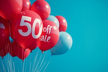 Wall Mural - Red balloon numbers on blue background, 50% off sale