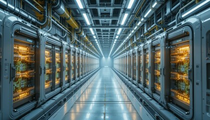 Futuristic Server Room with Bright Lights and High-Tech Equipment