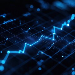 Ascending blue data line on dark grid background, digital interface display