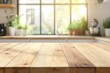 © Lindamar - Empty wood table top view for product display montage on blur kitchen counter and wide window background
