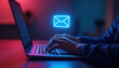 © remake - Person typing on laptop with glowing blue email hovering above keyboard in dark environment with red and lighting. Digital communication concept with neon mail symbol representing electronic messaging