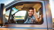 © remake - Happy male truck driver giving thumbs up from vehicle window with confident smile. Professional transportation worker in plaid shirt during rural delivery journey. Positive attitude in logistics
