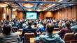 © remake - Business conference in luxury venue with audience watching presentation. Corporate professionals attend seminar in elegant ballroom with chandeliers. Management executives gather for training event
