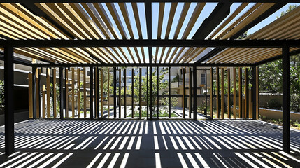 Modern pergola design, slatted shade structure, courtyard garden background, architectural photography for design websites
