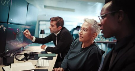 Aufkleber - Computer, conversation and business people in office with trading for company finance revenue. Technology, talk and team of financial managers monitor profit, charts and online investment analysis.