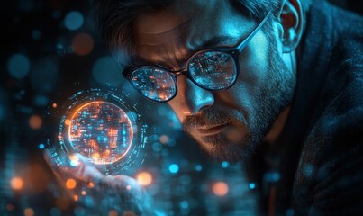 Man examines glowing digital sphere, futuristic technology.