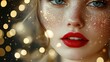 © elena - Portraite closeup of a young woman with bright red painted lips, golden sparkles and glitter on her face with bokeh background. Creative makeup and luxury style.