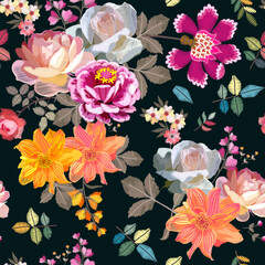 Wall Mural - Floral seamless embroidery pattern with bouquets of bright garden flowers on black background in vector.
