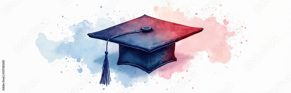 Watercolor drawing of graduation cap in blue and red shades. Academic ...