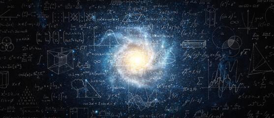 Wall Mural - mathematical and physical formulas against the background of a galaxy in universe. space background 