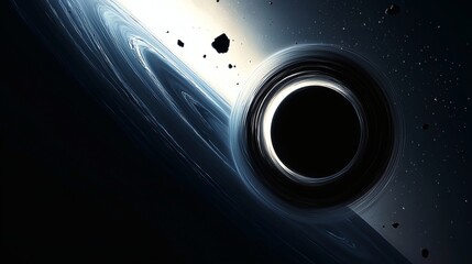 Wall Mural - a black hole in space with its gravity pulling in matter. The image shows a close-up of the black hole with its event horizon visible.