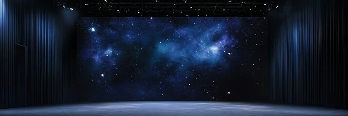 Wall Mural - a large empty stage with a blue curtain and a starry sky on the wall. the stage is empty and the cur