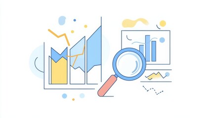 Wall Mural - two analytics graphs with upward and downward trends, highlighted in yellow, featuring a magnifying 