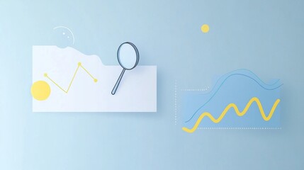 Wall Mural - two analytics graphs with upward and downward trends, highlighted in yellow, featuring a magnifying 