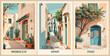 © Digital Nomad - Set of Travel Destination Posters in retro style. Morocco, Spain, Italy watercolor paintings. European summer vacation, Mediterranean holidays concept. Vintage vector colorful illustrations.
