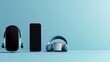 © Andrew - Modern Tech Harmony: A sleek setup features a modern smartphone alongside a set of headphones and a VR headset on a captivating blue background, evoking a sense of technological harmony and style.