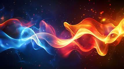 Wall Mural - Abstract iridescent holographic background with colorful neon waves, flowing lines, a dark blue and red color scheme, glowing light effects. Iridescent Flames. Illustration