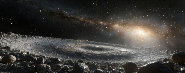 Wall Mural - a dramatic depiction of an asteroid belt with glowing debris in the foreground and a distant galaxy 