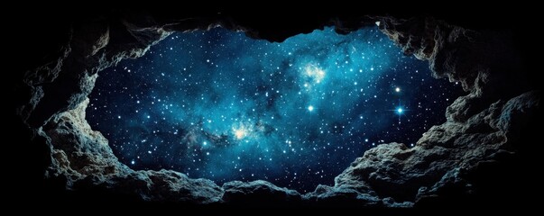 Wall Mural - a majestic view of a nebula and stars through an opening in a rocky cave.