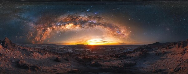 Wall Mural - A stunning panoramic view of Earth from space, showcasing the sunrise over the horizon with the Milky Way galaxy in the background.