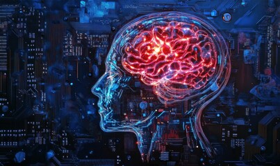 Artificial intelligence concept with glowing brain on a motherboard