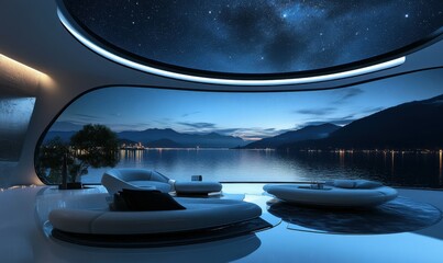 Wall Mural - luxury futuristic lounge with panoramic view of starry night and serene lake