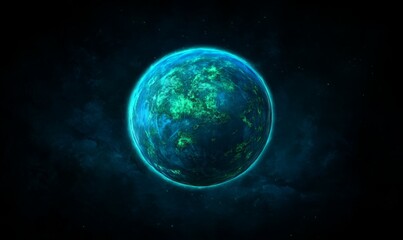 Wall Mural - Small blue and green planet is shown in the center of the image. The planet is surrounded by a dark blue background