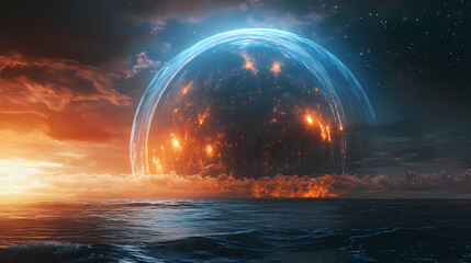 Wall Mural - A massive energy dome emerges from the ocean pulsating with orange and blue light against the dark sky and sea. Pulsating Beams. Illustration