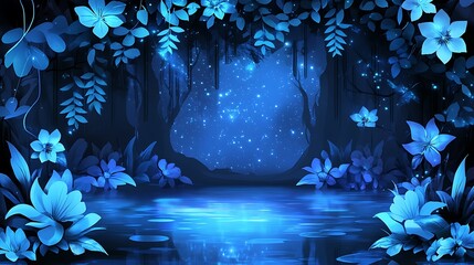 a blue fantasy forest scene with glowing flowers and reflections