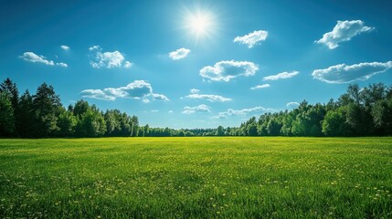 Wall Mural - Experience bliss in a scenic meadow, where lush trees meet a bright sky, perfect for a relaxing getaway.