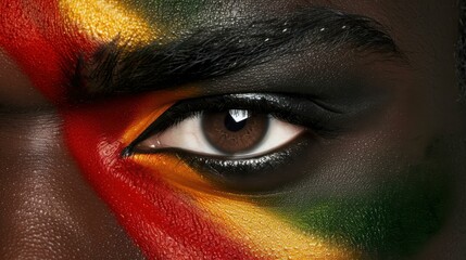 Wall Mural - vivid closeup of an eye featuring striking red, yellow, and green shadows paired with bold black mas
