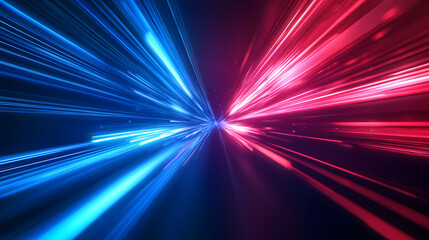 Wall Mural - Dynamic pulsating light streaks of blue and red in a dark abstract background. Pulsating Beams. Illustration