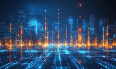 Futuristic cityscape with 6g neon lights and digital grid technology
