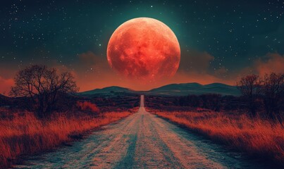Wall Mural - red moon and a road to the future