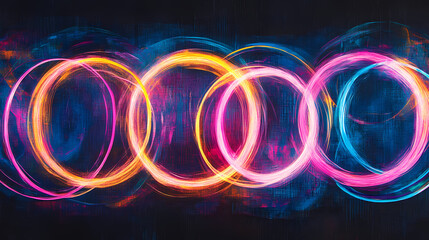 abstract neon circles of blue, pink, and yellow glow on a dark background. cosmic glow. illustration