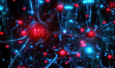 Futuristic digital network with glowing red and blue nodes connected by intricate lines illuminated by soft light symbolizing technological innovation .