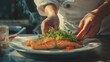 © mirifadapt - chef plating a dish of roasted duck breast with cranberry reduction and microgreens, under focused kitchen lights in a professional culinary studio