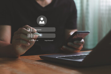 Aufkleber - Businessman use laptop computer login register username and password identity on webpage concepts of cyber security, internet access, joining social or personal data protection to pass key unlock.