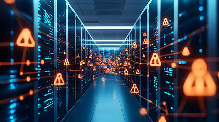 Digital Server Room Interior With Blue And Orange Lights Displaying Network Connections And Security Symbols