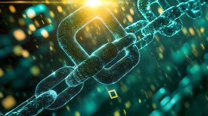 Blockchain Technology: Depicting a digital blockchain with interconnected links in a vibrant, futuristic style, symbolizing the core concepts of security, decentralization.