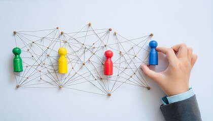 human hand connecting different color peg dolls. depicting the concept of networking, connections, a