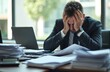 © Vadym - Exhausted businessman sits with head in hands at desk. Overworked manager overwhelmed with papers, documents, laptop. Frustrated employee burnout, feels despair from workload. Stress, headache,