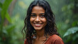 © Vadym - Happy beautiful Indian girl in tropical rain. Wet hair, shirt. Brunette smiles. Attractive, healthy face. Fresh make-up. Natural beauty concept. Skin care, spa, relaxation, nature advertising. Summer